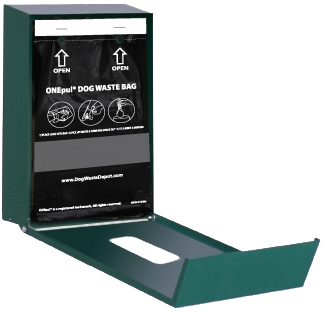 Header bag dispenser open showing bags and large opening