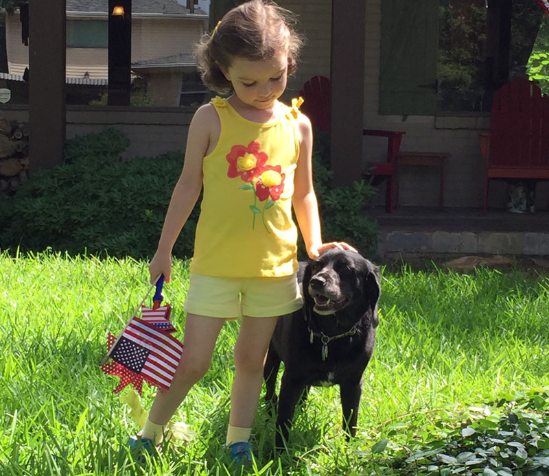 Dog and child in grass
